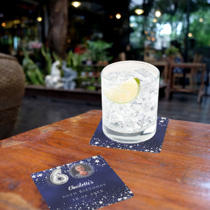 Posavasos Cuadrado De Papel 60° cumpleaños estrellas de plata azul marino