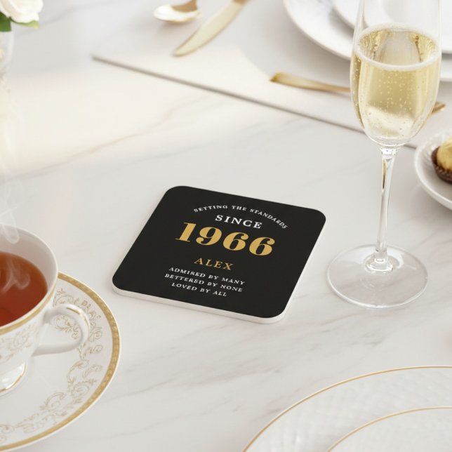 Posavasos Cuadrado De Papel 60th Birthday Name 1966 Year Black Gold Custom (1966 coaster. White background.)