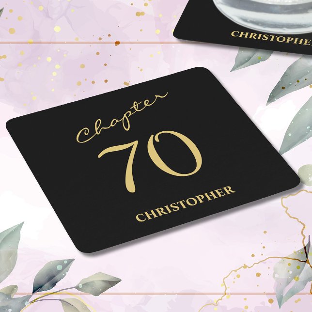 Posavasos Cuadrado De Papel 70.º aniversario del Black Gold Chapter 70 (Chapter 70. 70th birthday personalized black and gold paper coasters. )