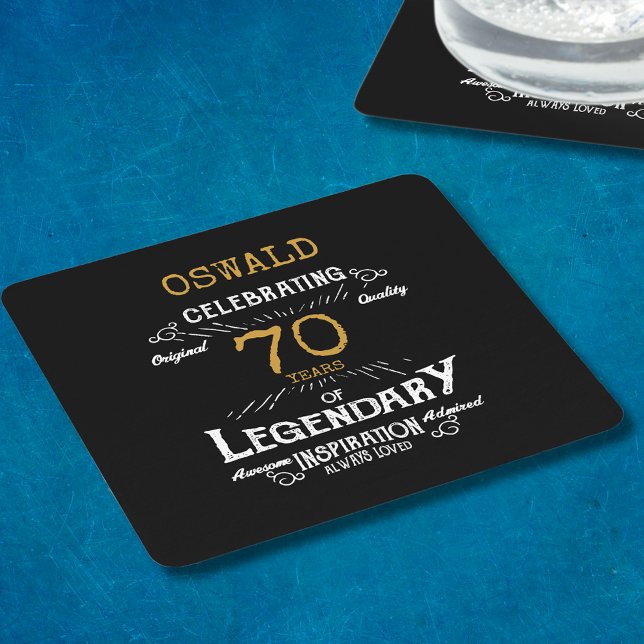 Posavasos Cuadrado De Papel 70.º cumpleaños Black Gold Legendario Retro (A personalized elegant 70th birthday paper coaster)