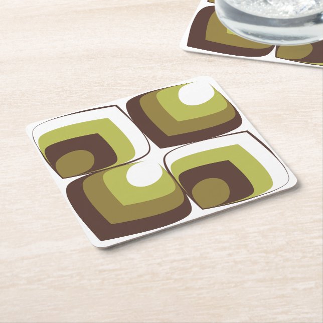 Posavasos Cuadrado De Papel 70s Bold Modern Retro Ogee Motif in Greens (En perspectiva)