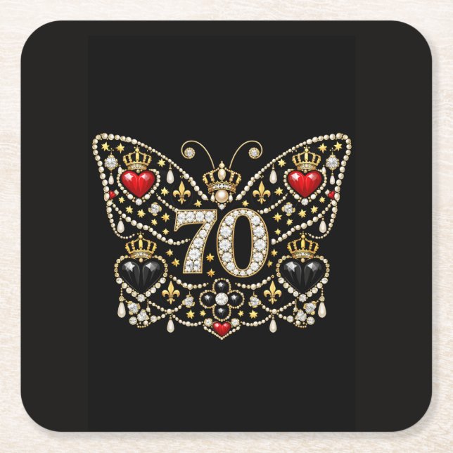 Posavasos Cuadrado De Papel 70th birthday bejewelled diamonds butterfly (Anverso)