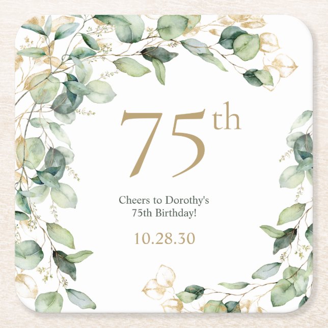 Posavasos Cuadrado De Papel 75.º cumpleaños Eucalipto (Anverso)