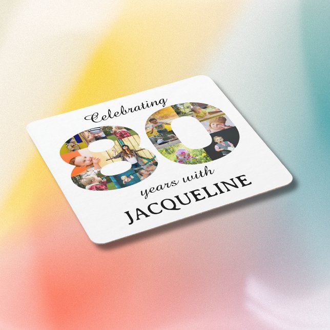 Posavasos Cuadrado De Papel 80.ª invitación a plantilla de fotos de cumpleaños (80th birthday personalized coasters with family photo collage template.)