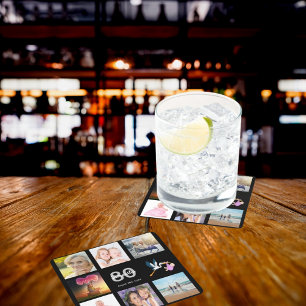 Posavasos Cuadrado De Papel 80.º collage de fotos de la fiesta de cumpleaños n