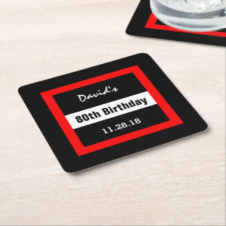 Posavasos Cuadrado De Papel 80.º cumpleaños negro con Personalizado de marco r