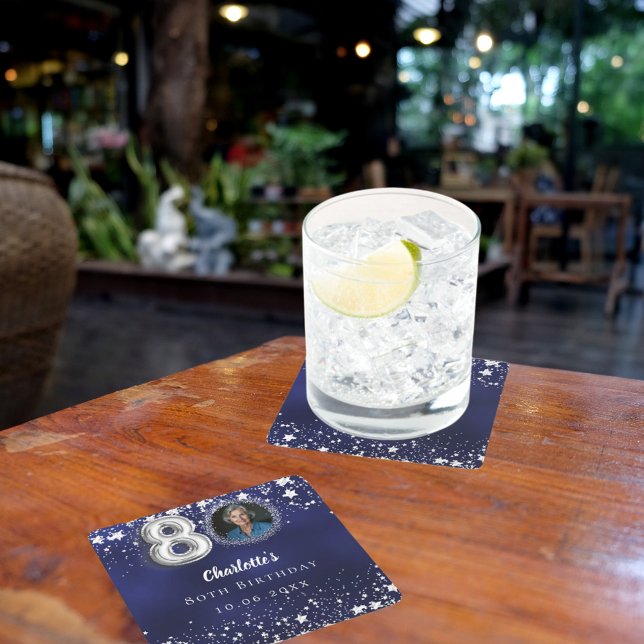 Posavasos Cuadrado De Papel 80° cumpleaños estrellas de plata azul marino (Subido por el creador)