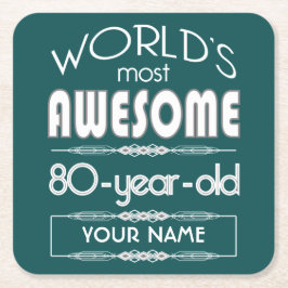 Posavasos Cuadrado De Papel 80.o Del cumpleaños de los mundos verde oscuro