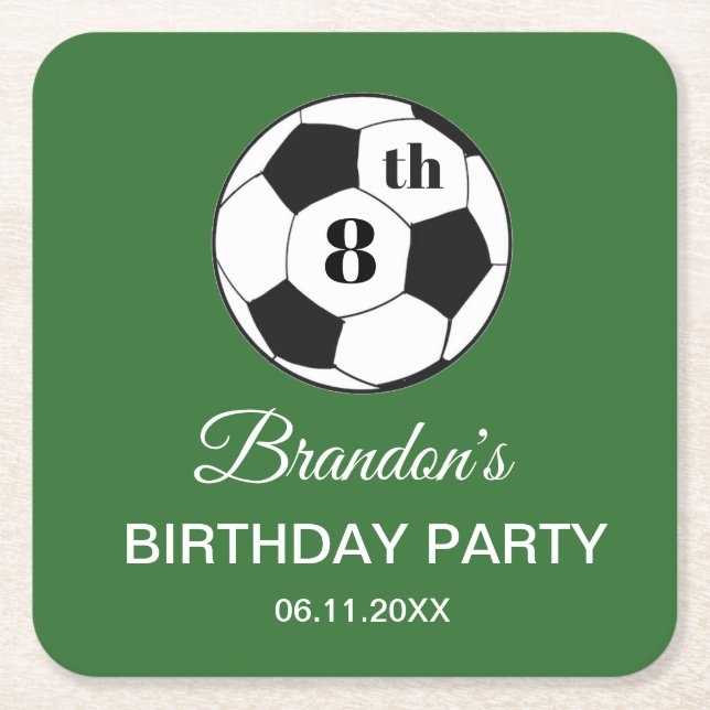 Posavasos Cuadrado De Papel 8th Birthday Party Soccer Green Boys Sports (Anverso)