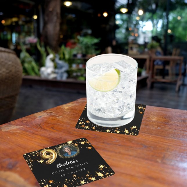 Posavasos Cuadrado De Papel 90.º cumpleaños foto de estrellas de oro negro (Subido por el creador)