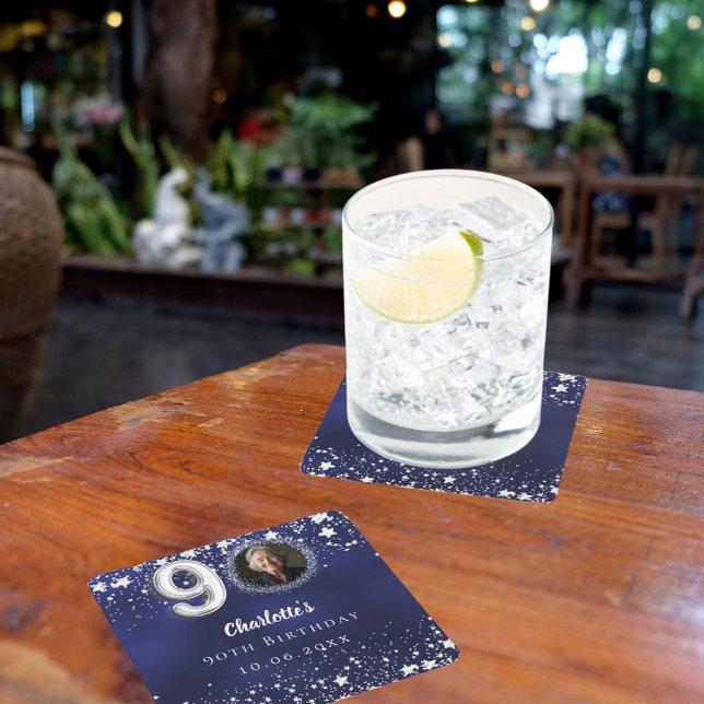 Posavasos Cuadrado De Papel 90° cumpleaños estrellas de plata azul marino (Subido por el creador)