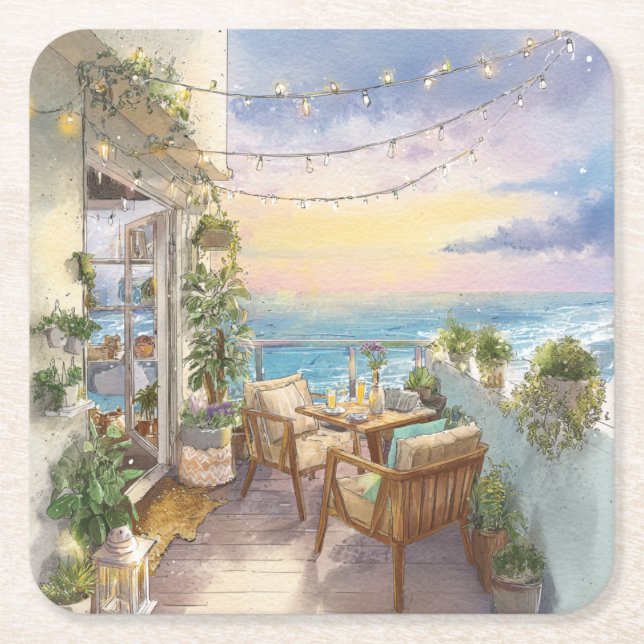 Posavasos Cuadrado De Papel A Cosy Seaside Balcony (Anverso)