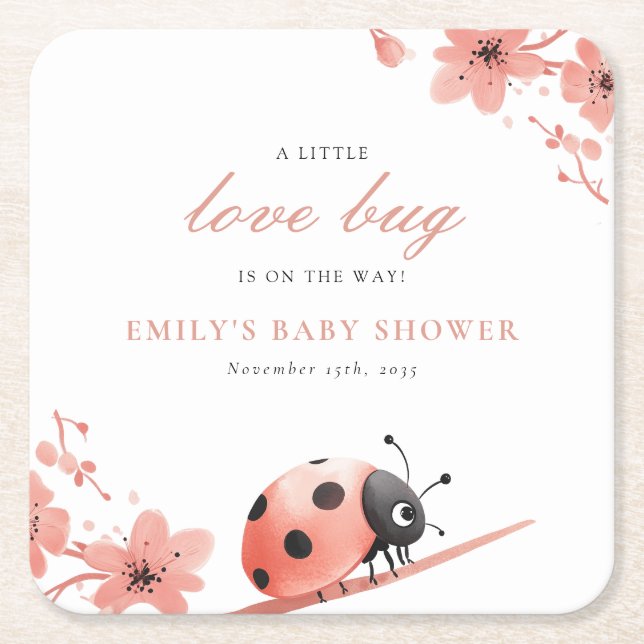 Posavasos Cuadrado De Papel A Little Love Bug Is On The Way Baby Shower (Anverso)