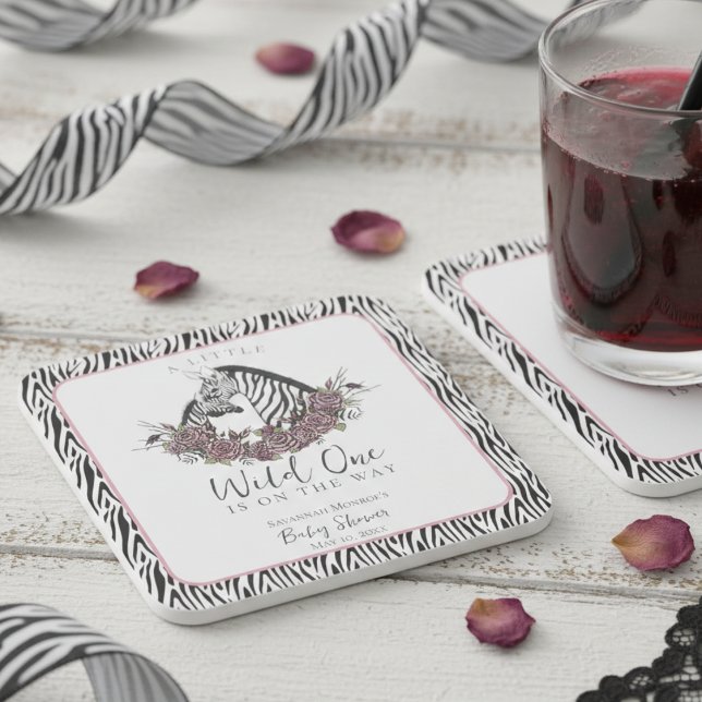 Posavasos Cuadrado De Papel A Little Wild One Mommy and Baby Zebra (Cute Soft Gothic Zebra and Roses Little Wild One Coasters for Wild One Baby Shower for Mother to Be)
