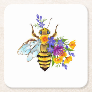 Posavasos Cuadrado De Papel Abeja de flor con plantas silvestres