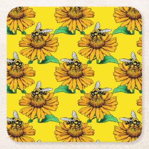 Posavasos Cuadrado De Papel Abeja en diseño de patrón de flor de girasol amari
