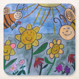 Posavasos Cuadrado De Papel Abejas y flores de miel