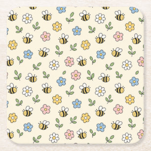 Posavasos Cuadrado De Papel Abejorro de dibujos animados y patrón de flores