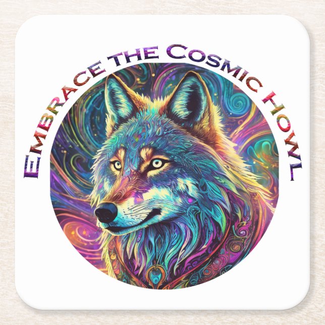 Posavasos Cuadrado De Papel Abraza al Lobo Cósmico (Anverso)