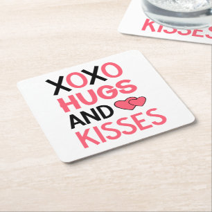 Posavasos Cuadrado De Papel Abrazos besos Boda XOXO ducha de novia negra rosa