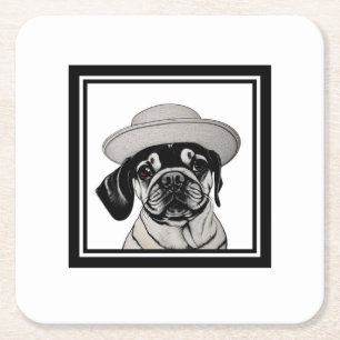Posavasos Cuadrado De Papel Abrigo de pug y escayola de Gorra