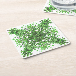 Posavasos Cuadrado De Papel Abstract Floral Pattern In Black Green On White
