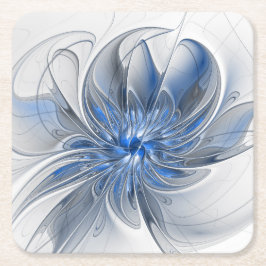 Posavasos Cuadrado De Papel Abstracto Flor de arte fractal de color gris azul