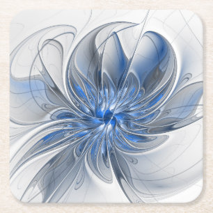 Posavasos Cuadrado De Papel Abstracto Flor de arte fractal de color gris azul