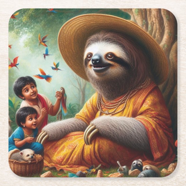 Posavasos Cuadrado De Papel Abuela Sloth (Anverso)