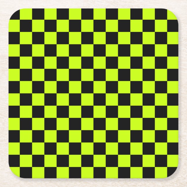 Posavasos Cuadrado De Papel Acid green black checkerboard pattern (Anverso)