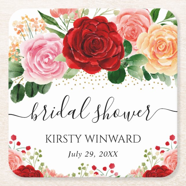 Posavasos Cuadrado De Papel Acrílico Rosa Amarillo y Rojo Bridal Shower (Anverso)