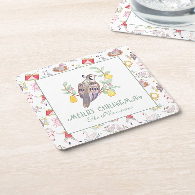 Posavasos Cuadrado De Papel Acuarela 12 días de gabinete de regalo para Navida (En perspectiva)