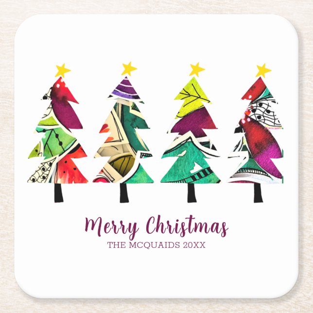 Posavasos Cuadrado De Papel Acuarela Árboles de Navidad Feliz Navidad (Anverso)