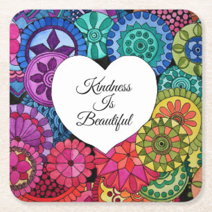 Posavasos Cuadrado De Papel Acuarela Arcoiris Mandala con corazón