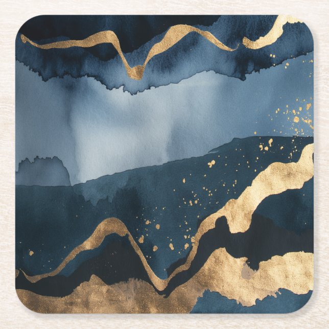 Posavasos Cuadrado De Papel acuarela azul con flecos dorados (Anverso)