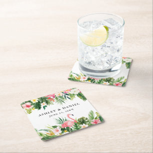 Posavasos Cuadrado De Papel Acuarela Boda de flamenco floral tropical