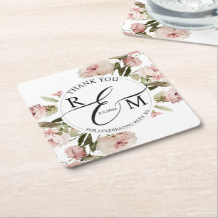 Posavasos Cuadrado De Papel acuarela boda de monograma rosa floral