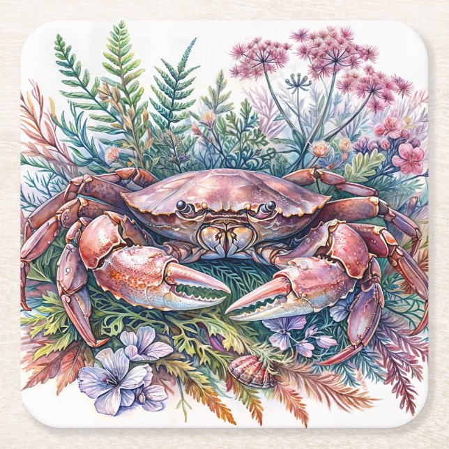 Posavasos Cuadrado De Papel Acuarela Botánica de Cangrejo (Anverso)