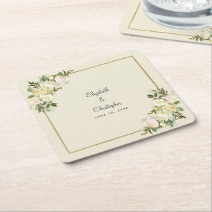 Posavasos Cuadrado De Papel Acuarela de boda personalizada   Rosa elegante