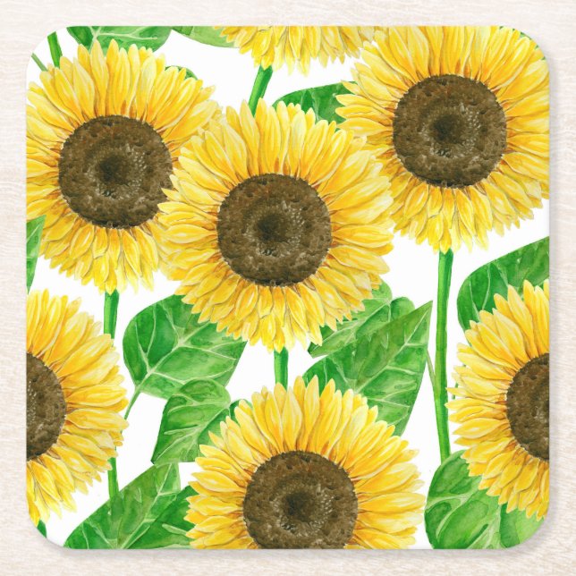 Posavasos Cuadrado De Papel acuarela de girasoles (Anverso)