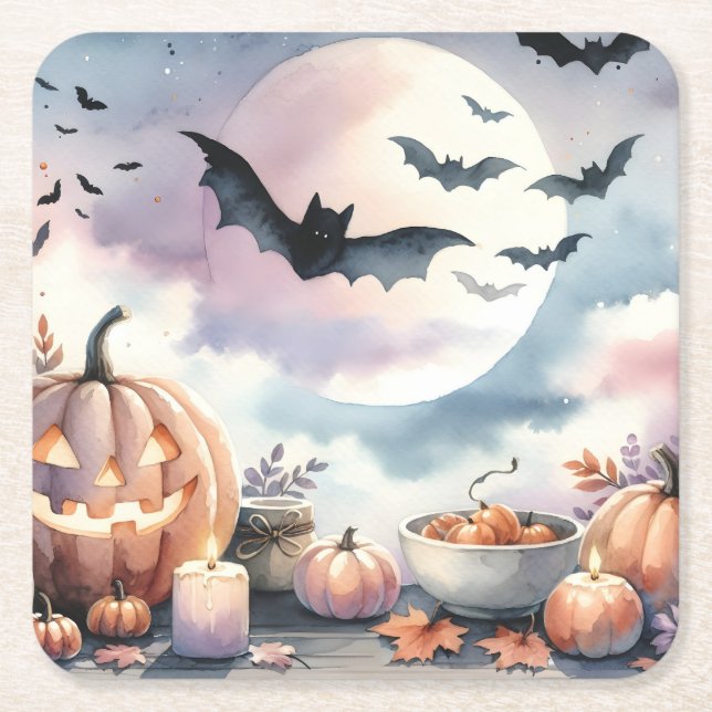 Posavasos Cuadrado De Papel acuarela de Halloween (Anverso)
