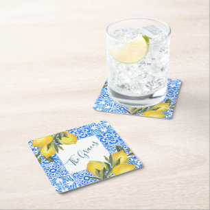 Posavasos Cuadrado De Papel Acuarela de mosaico toscano con limón