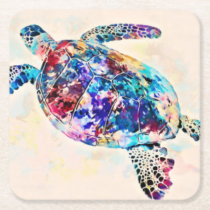 Posavasos Cuadrado De Papel Acuarela de tortuga marina hawaiana