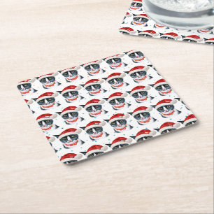 Posavasos Cuadrado De Papel Acuarela divertida de gato blanco y negro de Navid