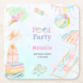 Posavasos Cuadrado De Papel     Acuarela fiesta de cumpleaños en la piscina ve