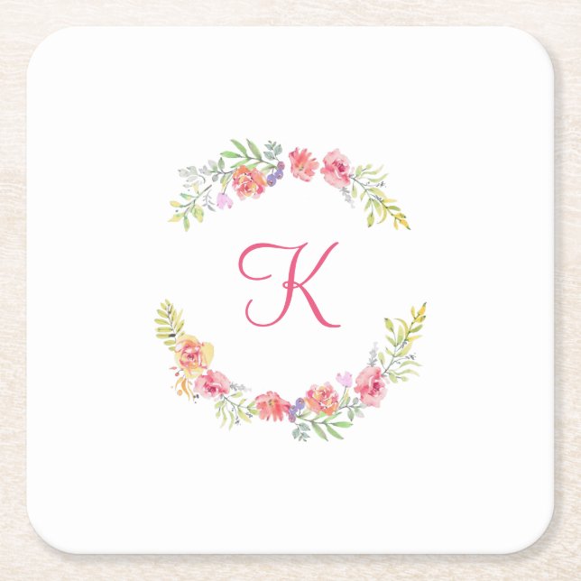 Posavasos Cuadrado De Papel Acuarela floral en rosa, amarillo y verde con mono (Anverso)