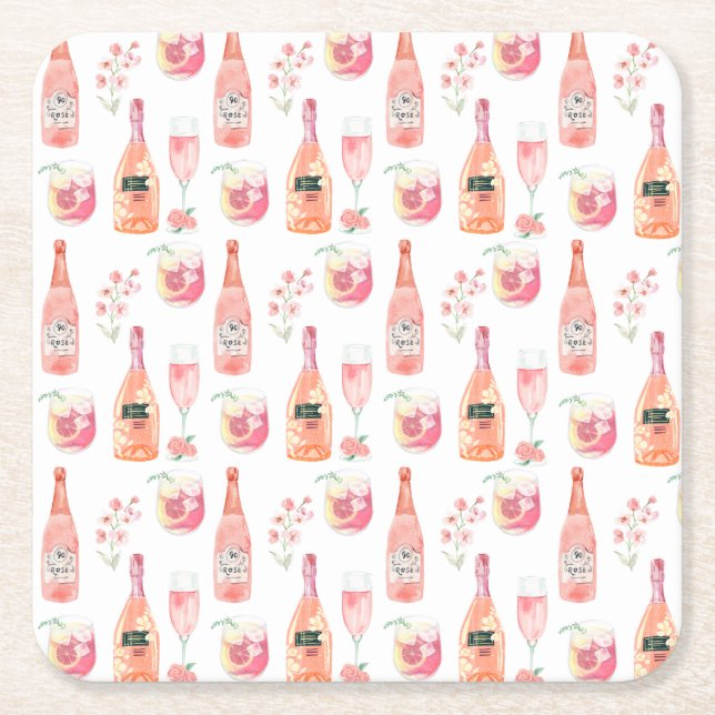 Posavasos Cuadrado De Papel Acuarela Floral y diseño de vino Rosa. (Anverso)