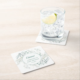 Posavasos Cuadrado De Papel Acuarela Hojas de Eucalipto Verde Baby Shower 