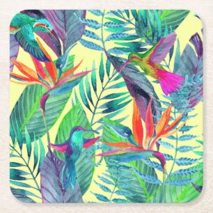 Posavasos Cuadrado De Papel Acuarela Humminbirds en la selva 2