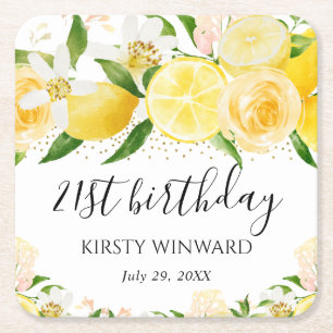 Posavasos Cuadrado De Papel Acuarela Limones y Flores Cumpleaños